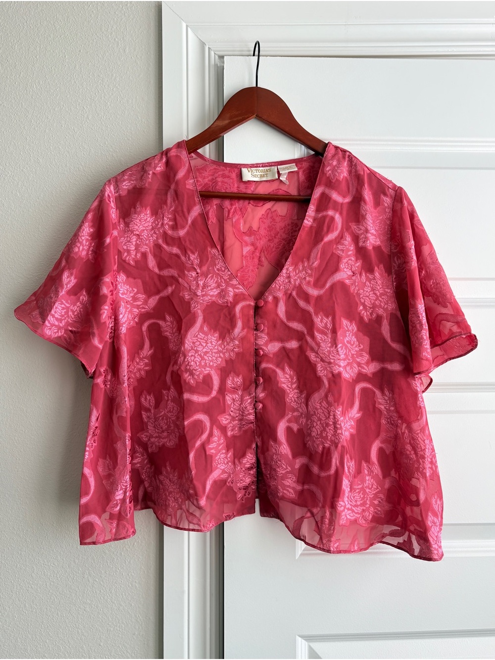 Pink Floral Sheer V-Neck Button Front Top year